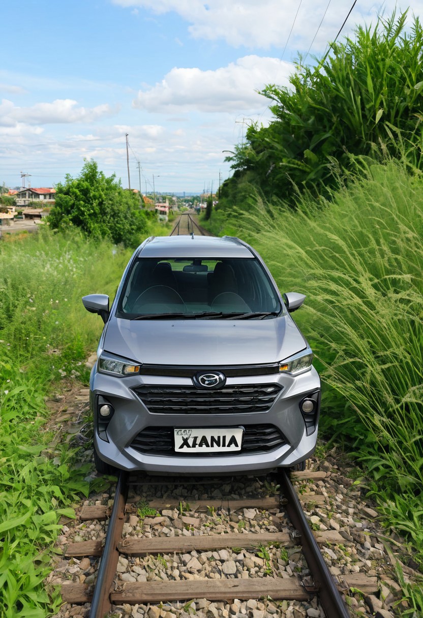 high resolution, best quality, Car, Daihatsu Xenia, City outskirts, railway tracks, overgrown weeds,