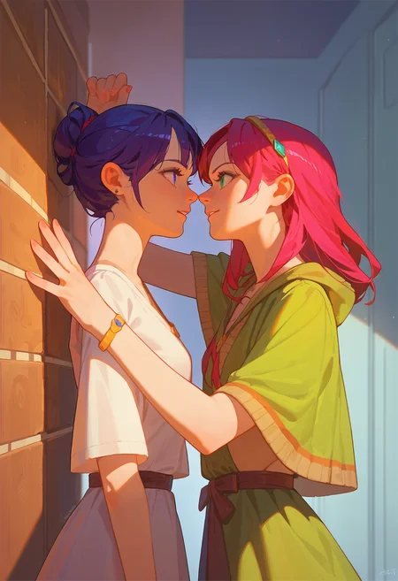 score_9, score_8_up, score_7_up, 2girls, kabedon from side, againt wall, [:hallway:0.3]
<lora:kabedon_pony_2:0.8>