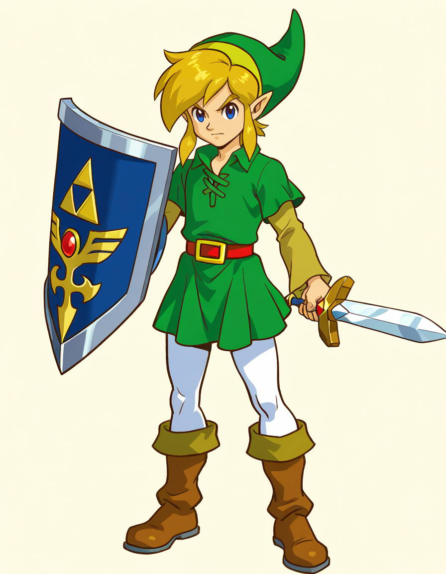 oraclelink, 1boy, young link, the legend of zelda: oracle of seasons, the legend of zelda: oracle of ages, official art, solo, male focus, standing, left-handed, holding sword, holding shield, fighter's shield, long legs, white pantyhose, green tunic, collared shirt, green headwear, green pleated skirt, brown boots, layered sleeves, brown sleeves, blue eyes, closed mouth, blonde hair, full body, masterpiece, best quality, absurdres, very aesthetic, <lora:oraclelink:1>
