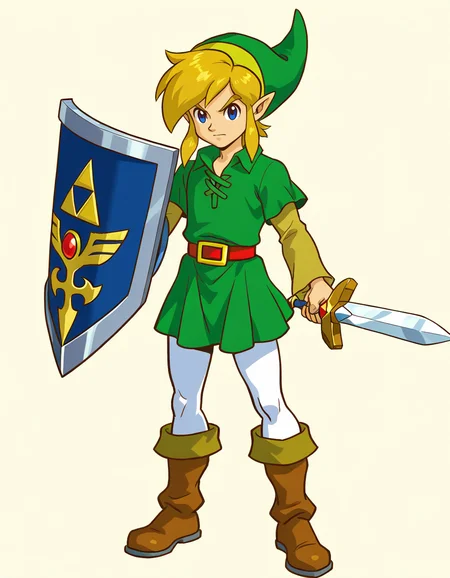 oraclelink, 1boy, young link, the legend of zelda: oracle of seasons, the legend of zelda: oracle of ages, official art, solo, male focus, standing, left-handed, holding sword, holding shield, fighter's shield, long legs, white pantyhose, green tunic, collared shirt, green headwear, green pleated skirt, brown boots, layered sleeves, brown sleeves, blue eyes, closed mouth, blonde hair, full body, masterpiece, best quality, absurdres, very aesthetic, <lora:oraclelink:1>