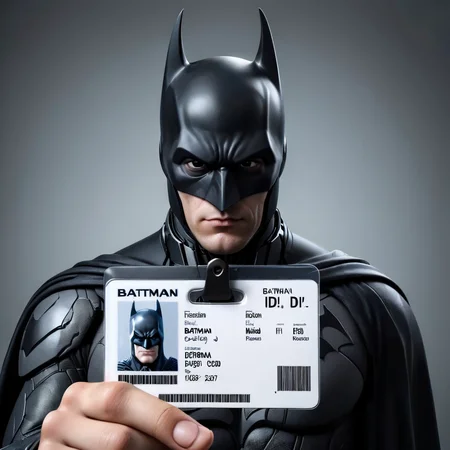 a batman  holding a  id card,<lora:seemycard3:0.85>