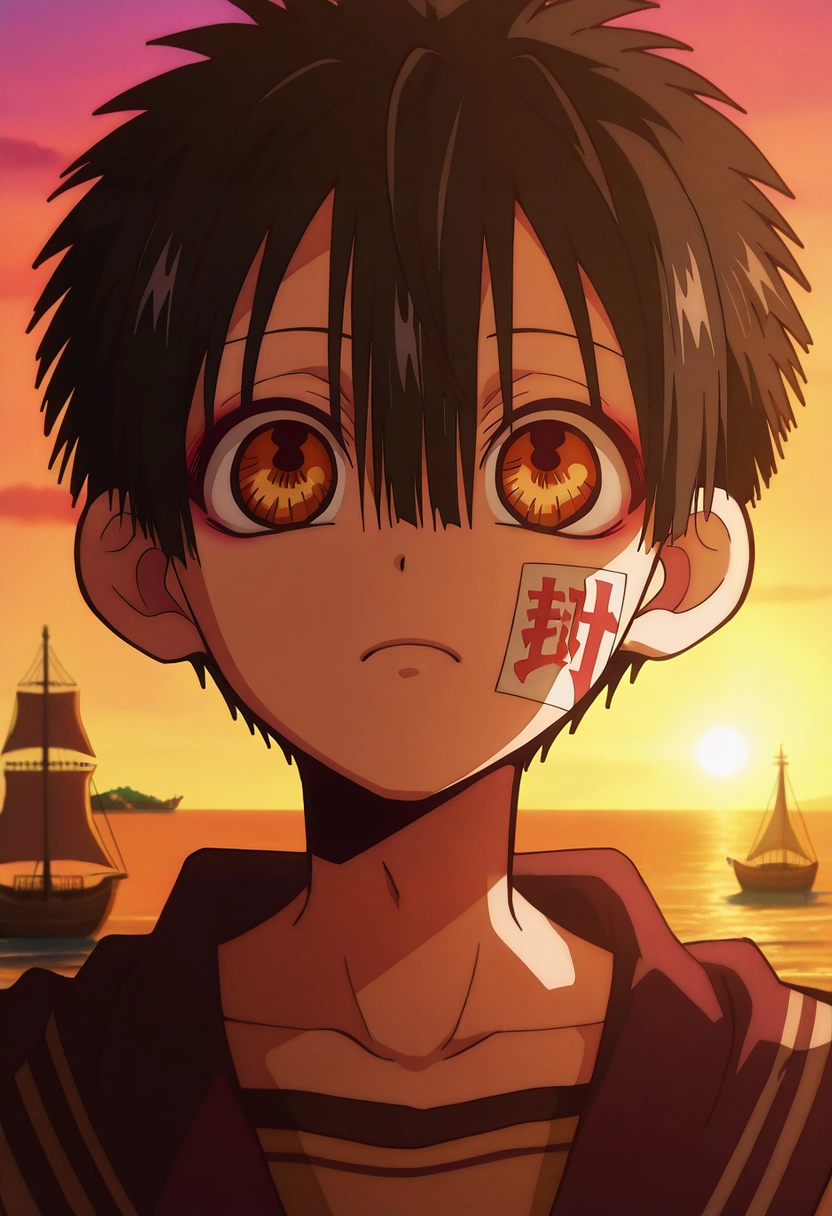 masterpiece, best quality, , anime screencap, anime coloring, official style, , 1boy, solo, male focus, <lora:hanako-kun_ilxl:1>, hanako-kun, black hair, brown eyes, short hair, hair between eyes, bangs, , , , conquest of the Americas, sailing ships, indigenous villages, distant horizons, exploring pose, brave expression, early morning light,
