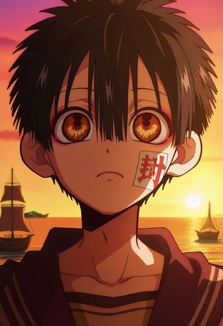 masterpiece, best quality, , anime screencap, anime coloring, official style, , 1boy, solo, male focus, <lora:hanako-kun_ilxl:1>, hanako-kun, black hair, brown eyes, short hair, hair between eyes, bangs, , , , conquest of the Americas, sailing ships, indigenous villages, distant horizons, exploring pose, brave expression, early morning light,
