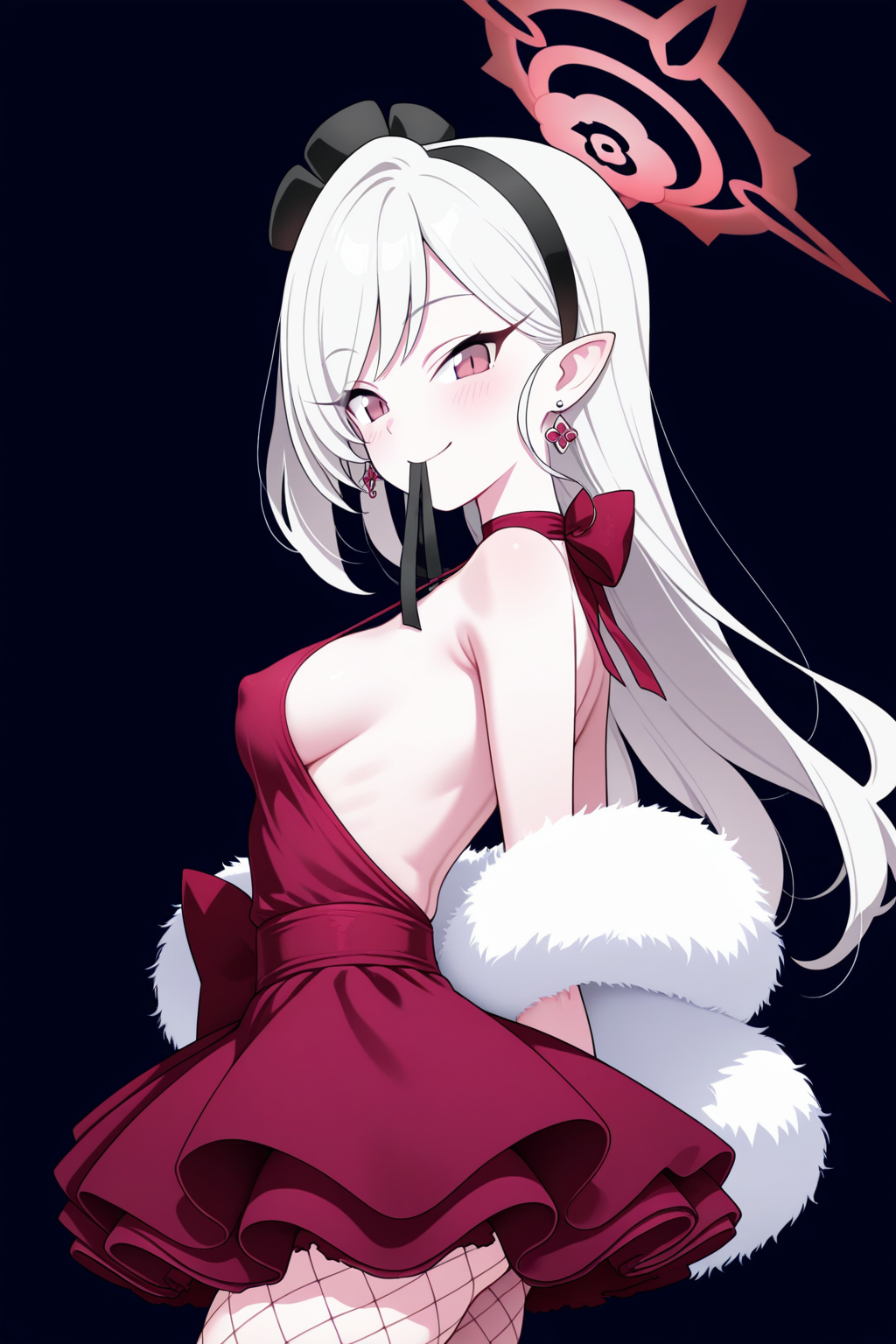 masterpiece, best quality, amazing quality, mutsuki \(blue archive\), mutsuki \(dress\) \(blue archive\), 1girl, aged up, alternate costume, backless dress, backless outfit, bow, breasts, closed mouth, covered nipples, dress, earrings, feather boa, fishnet pantyhose, fishnets, from side, hairband, halo, jewelry, long hair, looking at viewer, medium breasts, mouth hold, pantyhose, pointy ears, red bow, red dress, red eyes, sideboob, simple background, skindentation, smile, solo, swept bangs, white hair