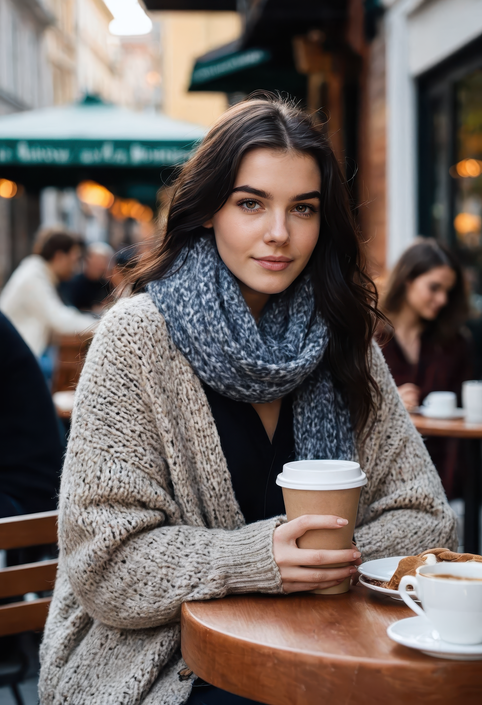 cinematic RAW photo, sdxl_stefduav, cozy fall outfit with oversized cardigan, scarf, jeans and ankle boots, holding a coffee cup at a sidewalk café table, candid moment with a faint smile, blurred urban background with pedestrians, warm afternoon light and soft focus bokeh