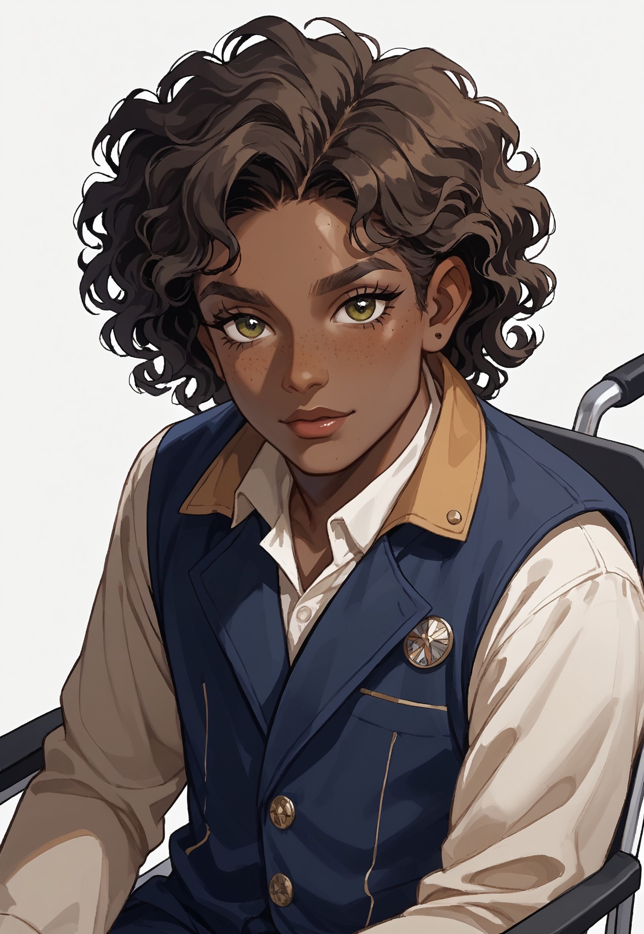  score_9, score_8_up, score_7_up, score_6_up, score_5_up, score_4_up, simple background, best quality, detailed, masterpiece, 1boy, 
BREAK,
1boy, deep golden-brown skin, short tightly coiled black curly hair with a wild top, and expressive hazel eyes. Their face has light freckles across their nose and cheeks, 
BREAK,
Stylish streetwear, teck streetwear, outfit is stylish and layered,  featuring fingerless gloves
BREAK,
They are seated in a fully visible custom wheelchair with a sleek, artistic design. The wheelchair has a metallic sheen with intricate constellations engraved into the frame and tiny inlaid gemstones that catch the light. It has large, stylish wheels and a sturdy yet elegant structure.,
BREAK,
Lio has a confident and charismatic expression, looking directly at the viewer with a warm yet rebellious energy,
BREAK,
sw4p, wheelchair, sat in wheelchair, wheelchair user, wheelchair bound