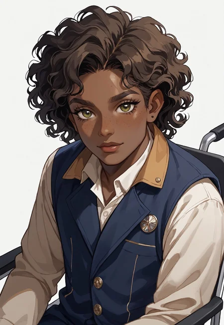 score_9, score_8_up, score_7_up, score_6_up, score_5_up, score_4_up, simple background, best quality, detailed, masterpiece, 1boy,
BREAK,
1boy, deep golden-brown skin, short tightly coiled black curly hair with a wild top, and expressive hazel eyes. Their face has light freckles across their nose and cheeks,
BREAK,
Stylish streetwear, teck streetwear, outfit is stylish and layered, featuring fingerless gloves
BREAK,
They are seated in a fully visible custom wheelchair with a sleek, artistic design. The wheelchair has a metallic sheen with intricate constellations engraved into the frame and tiny inlaid gemstones that catch the light. It has large, stylish wheels and a sturdy yet elegant structure.,
BREAK,
Lio has a confident and charismatic expression, looking directly at the viewer with a warm yet rebellious energy,
BREAK,
sw4p, wheelchair, sat in wheelchair, wheelchair user, wheelchair bound