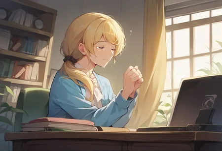 score_9, score_8_up, score_7_up, source_anime,
ellen baker, blonde hair, closed eyes, long hair, ponytail, scrunchie, mature female,
casual,
indoors, living room, desk, computer, crying,
from side, cowboy shot, dutch angle,