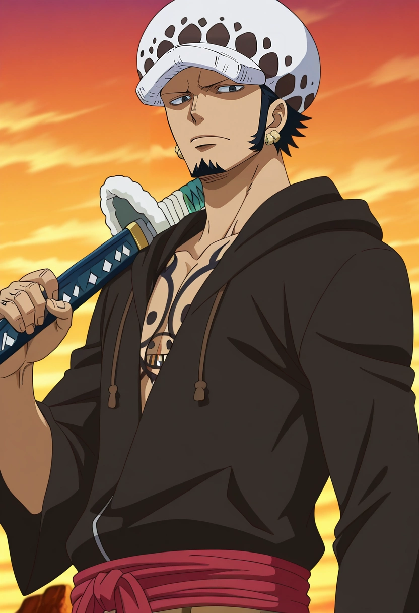 masterpiece, best quality, , anime screencap, anime coloring, , looking at viewer, 1boy, solo, male focus, <lora:law_trafalgar_ilxl:0.9>, law_trafalgar, black hair, black eyes, short hair, facial hair, sideburns, long sideburns, goatee, hat, earrings, , weapon, sword, sheathed, holding weapon, ,