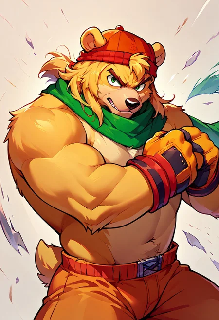 score_9, score_8, score_7, score_6, 1man, solo, furry, anthro, anthro bear, source_cartoon, Bark the bear, green scarf, orange beanie, furry male, simple background, gloves, upper body, fighting stance, portrait, looking at viewer,