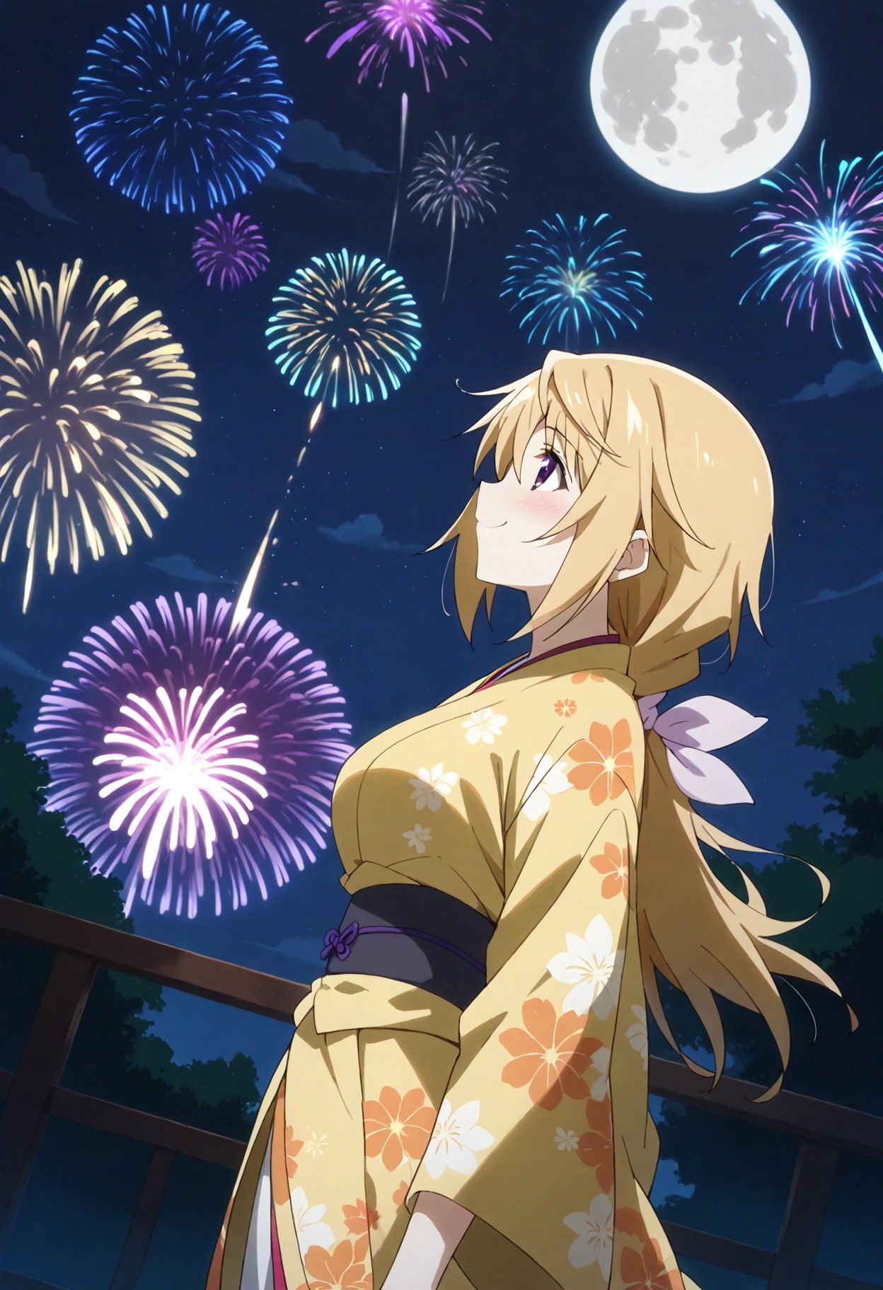 score_9, score_8_up, score_7_up, source_anime, masterpiece, best quality,perfect anatomy,rating_sage,charl, other,yellow flower print kimono,large breasts,blush,tareme,drooping eyes,shiny skin,outdoors,night,moon,fireworks,starry sky,,dynamic angle,dutch angle,solo focus,side view,smile,happy,looking up <lora:charl.pony:1>