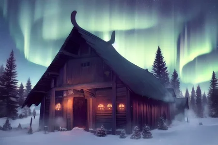 viking long house, winter, roof under snow, in yard stand some horses, there are lights in windows, night sky, moon and aurora borealis. Warm colors, high res, high detailed, masterpiece