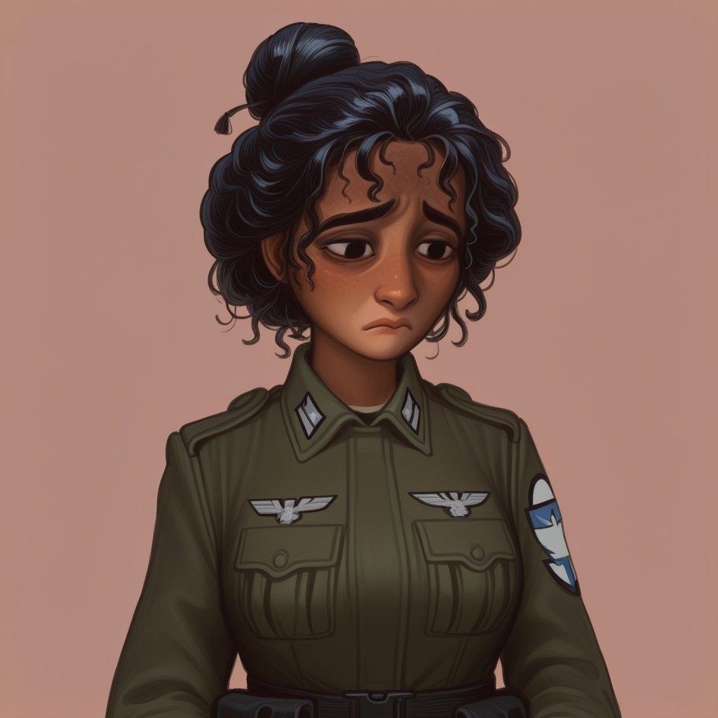 Julieta,1girl,tanned skin,curly black hair tied in a bun 
Juliet in a military suit. sad face