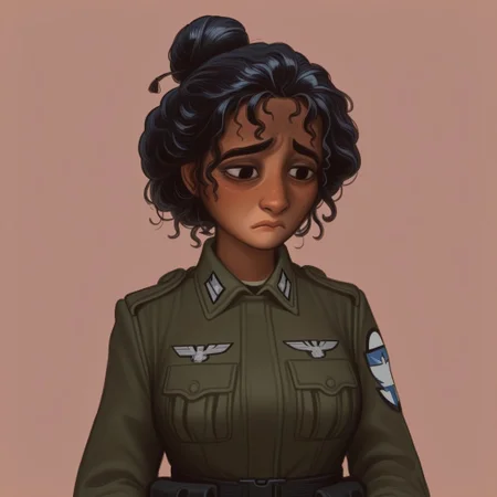 Julieta,1girl,tanned skin,curly black hair tied in a bun 
Juliet in a military suit. sad face