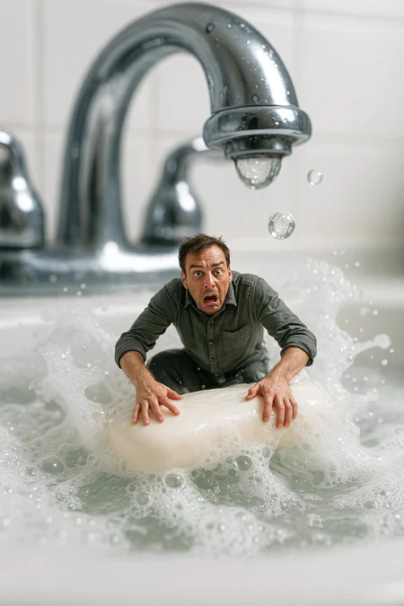 A hyper-realistic image with a miniature perspective: a tiny, stunned man balances precariously on a wet bar of soap floating in a sink full of suds. He looks panicked and confused, clutching the slippery surface as waves of foam rise around him. A massive faucet looms in the background, with water droplets the size of basketballs threatening to splash down. The lighting is bright and clinical, like a bathroom. Shallow depth of field enhances the dramatic scale difference. Comical and chaotic energy, with a slight tilt to the scene as the soap begins to rotate.