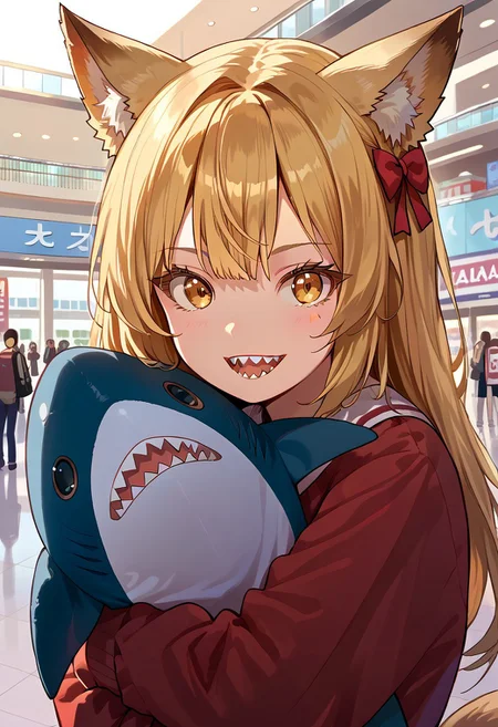 score_9, score_8_up, score_7_up, source_anime, fox girl, cute face, blonde long hair, tail, red bow in hair, solo, portrait, mall, crowd, open mouth, looking at viewer, open mouth, sharp teeth, presenting shark, hugging, shark, stuffed shark, detailed background, detailed eyes