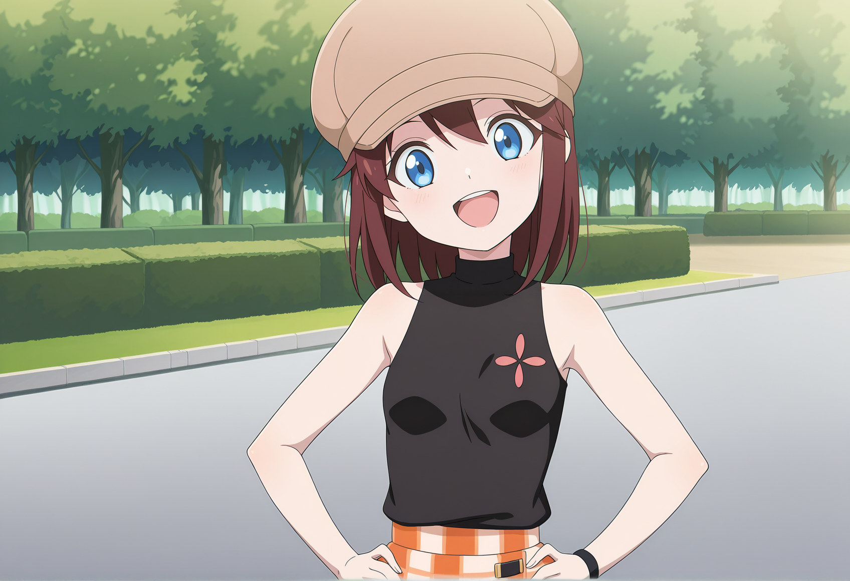 anime screencap, anime coloring, anime screenshot, upper body 1girl, brown hair, short hair, blue eyes, brown cap, black shirt, sleeveless, checkered skirt, wristband,outdoors, park, standing, smile, open mouth, hands on hip, head tilt <lora:helga_saru_getchu:1>, masterpiece, best quality, amazing quality, very aesthetic, absurdres, highres, newest
