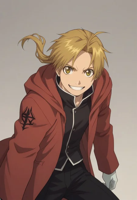 score_9, score_8_up, score_7_up, source_anime, highly detailed,
alphonseelric, solo, gloves, 1boy, blonde hair, male focus, smile, yellow eyes, grin, long hair, ahoge, ponytail, coat, red coat, hood, shirt, black shirt, black pants, slender, skinny, fighting stance