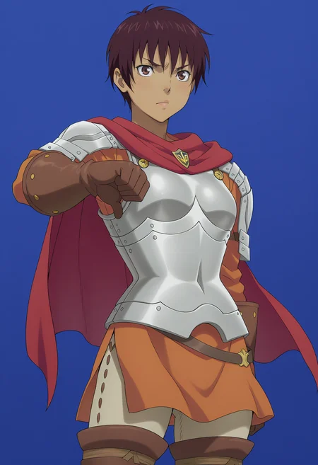 masterpiece, best quality, amazing quality, anime coloring, anime screencap, solo, 1girl, <lora:DX888Casca:1> casca, dark-skinned female, bronw hair, brown eyes, pixie cut, breastplate,shoulder armor, leather gloves, orange shirt, cape, thigh boots BREAK thumbs down, blue background pastel background, cowboy shot,