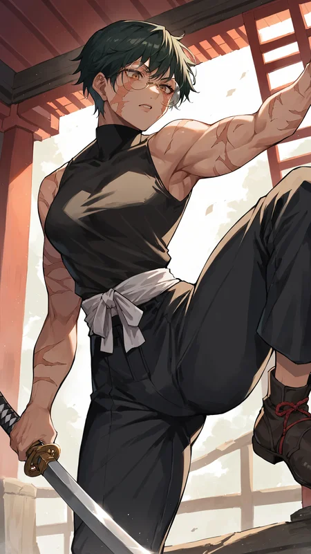 score_9,score_8_up,score_7_up,score_6_up, source_anime, zPDXL, <lora:xl_more_art-full_v1:0.5>, woman, dynamic pose, <lora:Maki - Scarred - Pony-000004:0.8>, short hair, dark green hair, brown eyes, face scars, body scars, black turtleneck, sleeveless, black pants, round glasses, fighting stance, sword, dojo, shouji, katana, east asian architecture,