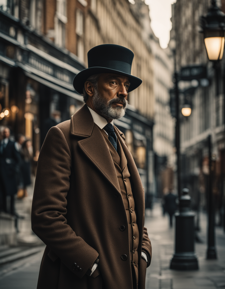 Victorian man, London, (sharp focus:1.2), extremely detailed, (photorealistic:1.4), (RAW image, 8k high resolution:1.2), RAW candid cinema, 16mm, color graded Portra 400 film, ultra realistic, cinematic film still, subsurface scattering, ray tracing, (volumetric lighting)