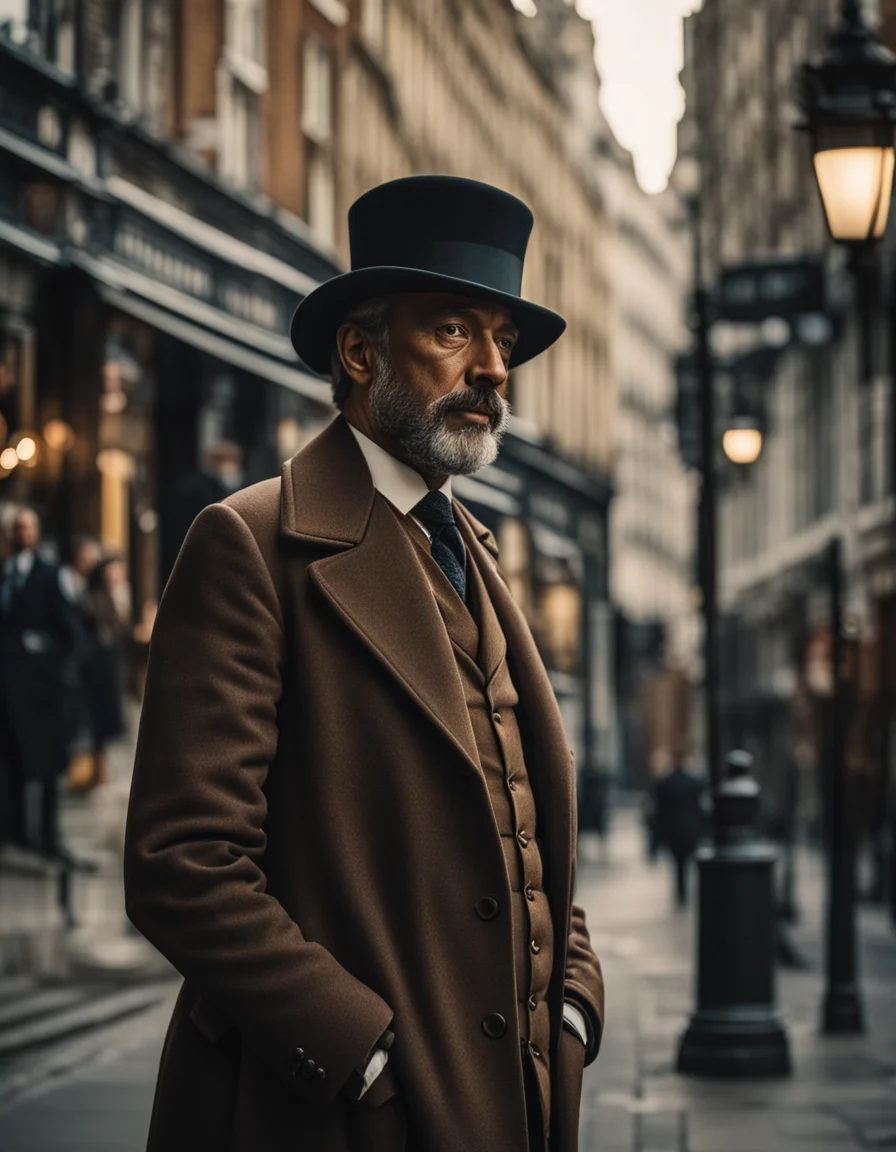 Victorian man, London, (sharp focus:1.2), extremely detailed, (photorealistic:1.4), (RAW image, 8k high resolution:1.2), RAW candid cinema, 16mm, color graded Portra 400 film, ultra realistic, cinematic film still, subsurface scattering, ray tracing, (volumetric lighting)