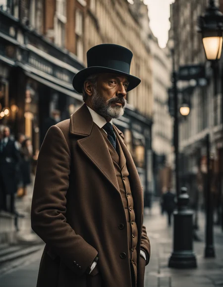 Victorian man, London, (sharp focus:1.2), extremely detailed, (photorealistic:1.4), (RAW image, 8k high resolution:1.2), RAW candid cinema, 16mm, color graded Portra 400 film, ultra realistic, cinematic film still, subsurface scattering, ray tracing, (volumetric lighting)