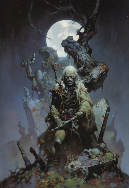Comic book style 8k high quality digital painting , masterpiece, very detailed, ultra realistic, (best quality) very detailed epic masterpiece, a zombie-like very old man is standing on a churchyard in front of a freshly opened grave, insane facial expression, stringy muddy long hair, pale face, sunken cheeks, opened mouth, lank body, ragged outfit, ragged coat, a shovel in his hand, cemetary with an opened grave, old neglected headstones, high grass, gnarled tree in the background, foggy, full moon, dramatic sky, very dark night, scary scene, action, scary, best quality, epic scene,  Dungeons and dragons atmosphere, heroic fantasy, fna_style, Comic book style