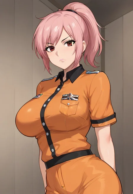 Masterpiece, High quality, anime style, solo, 1girl, Oc, adult, tall, Prisoner woman, black and white stripe prison outfit, short Dark pink ponytail hair, red eyes, serious face expression, big breasts, prison cell background,