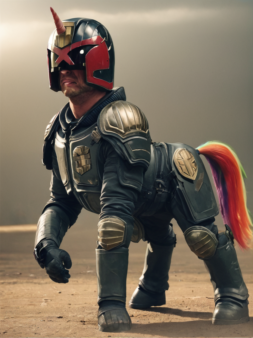 jdgdrdd in a helmet and armor riding a colorful unicorn horse over a rainbow
 <lora:Judge_Dredd_-_2012_v2_Pony_SDXL:0.8>