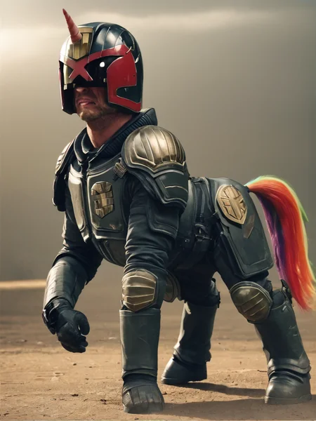 jdgdrdd in a helmet and armor riding a colorful unicorn horse over a rainbow
<lora:Judge_Dredd_-_2012_v2_Pony_SDXL:0.8>