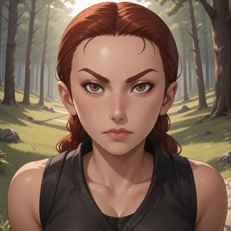 score_9, score_8, BREAK, solo, wii, mii, wii sports, female mii, 1girl, dark red hair, dark red eyebrows, brown eyes, black gi, black gi pants, sandals, nintendo mii, modern_mii, classic_mii, breasts, Shin_Elisa_(OC_Mii), demon girl, dark skin, rope belt, sleeveless gi, dark skin female, sexy pose, outdoors, sunlight, shadows, evening lighting, natural lighting, forest, trees, grass, orange sky, sunset
