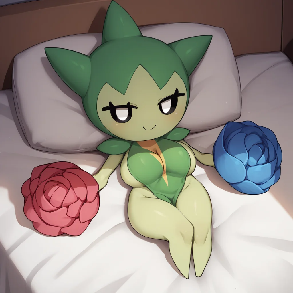 best quality, score_9, score_8_up, score_7_up, score_6_up, score_5_up, rating_sensitive, source_furry, BREAK,
<lora:Roselia_Pokemon-000010:1>, 1girl, roselia, pokemon\(creature\), green skin, black eyes, white pupils, flower hands, head spikes, bottomless, smile, short stack, breasts, full body, leaf cloth, cleavage, lying, on bed, BREAK,
(bedroom)