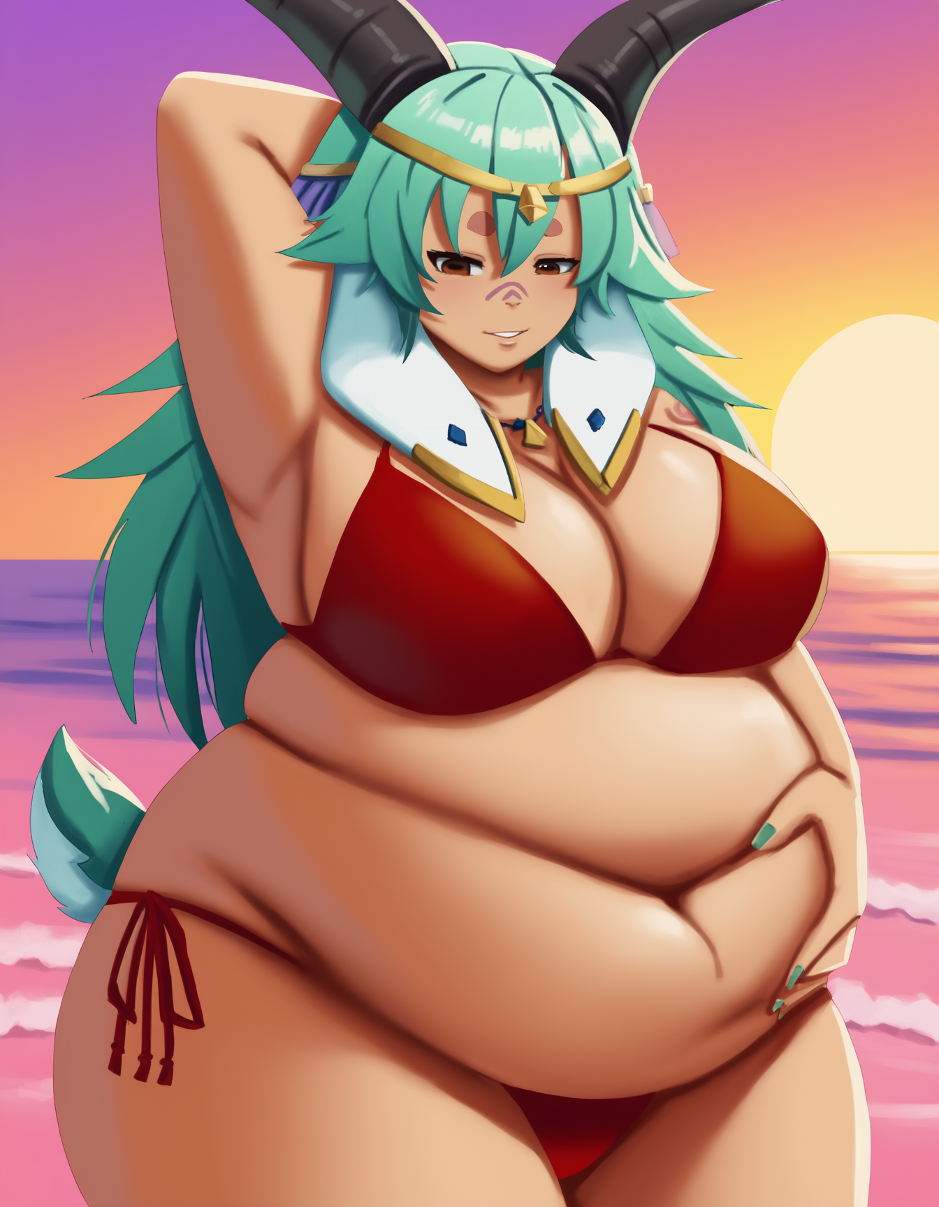 source_anime, score_9, score_8_up, score_7_up,
<lora:SyMix_Pony_v4_ep17:1> fat, belly, wide hips, thick thighs, double belly, by Jaykuma, by Ekusupanshon,
<lora:azura_dulait_v01_e50:1>
1girl, solo, cowboy shot, beach, ocean, horizon, golden hour, sunset, pink background,
curvy, large breasts,
red bikini, side-tie bikini bottom,
arm up, arm behind head, armpit, contrapposto,
brown eyes, facial mark, rectangular pupils, short eyebrows, thick eyebrows,
green hair, long hair, hair between eyes,
circlet, necklace, green nails, nail polish, 
goat girl, goat horns, large horns, goat ears, ears down, white ears, stud earrings, goat tail, two-tone tail