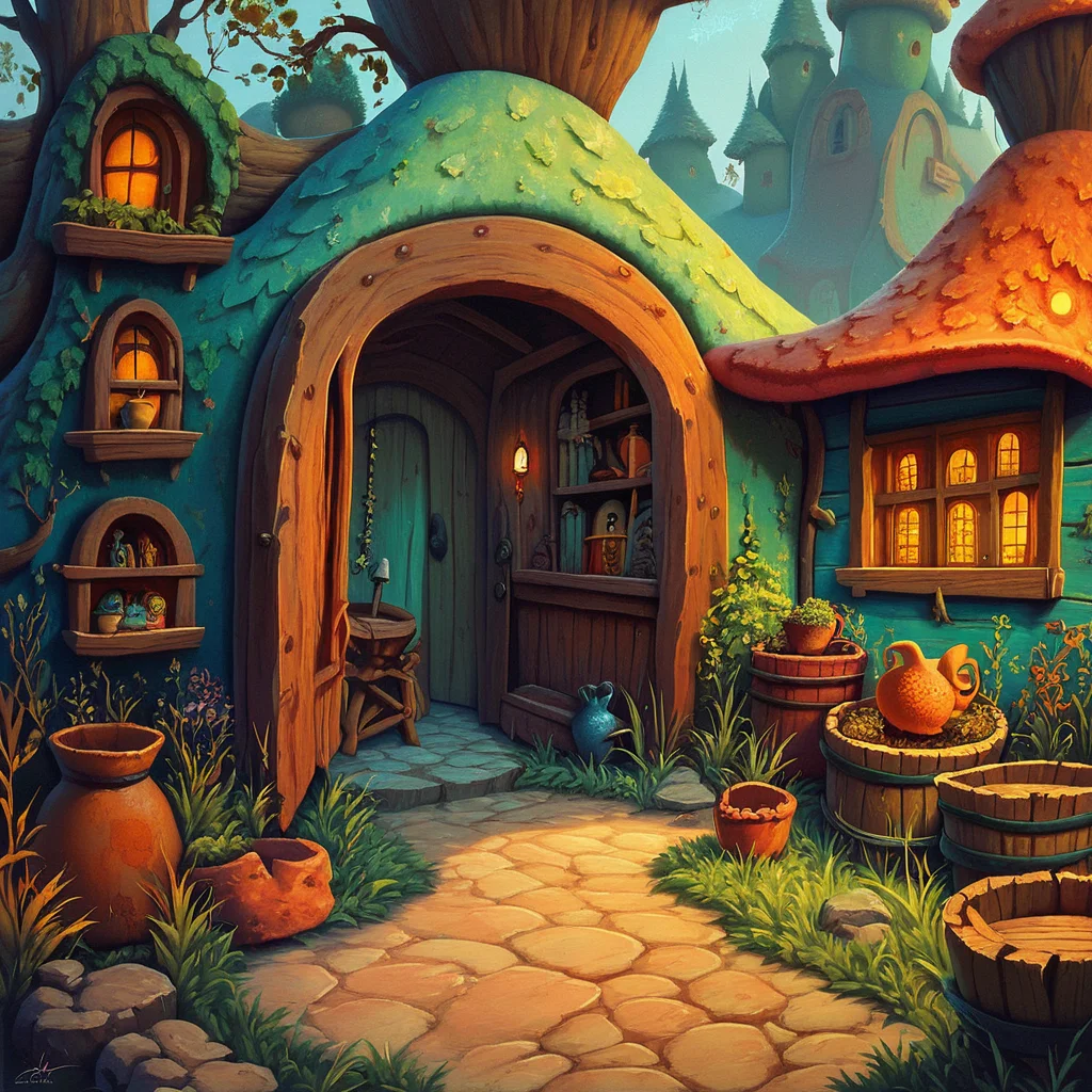 score_9, score_8_up, score_7_up, score_6_up, sad, fantasy village nestled in a vibrant, enchanted valley with a magical atmosphere and rustic cabins, highly detailed <lora:ponys-dream:.9>