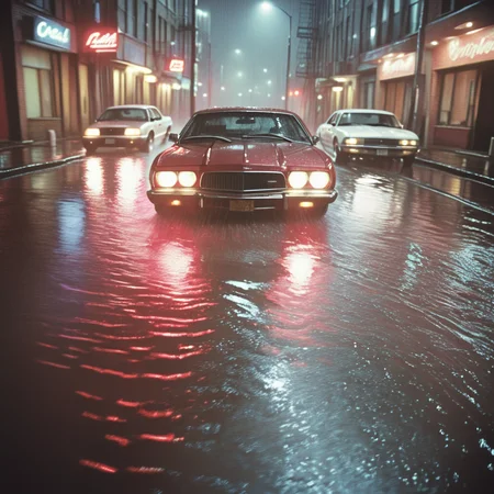 <lora:2000s_Crime_Thriller_MovieSDXL:1> ArsMovieStill, movie still from a gritty, high-contrast 2000s crime thriller movie, The image shows a car driving down a wet street at night with buildings on either side and a light pole in the background., car, motor vehicle, ground vehicle, no humans, vehicle focus, outdoors, building, night, city, road