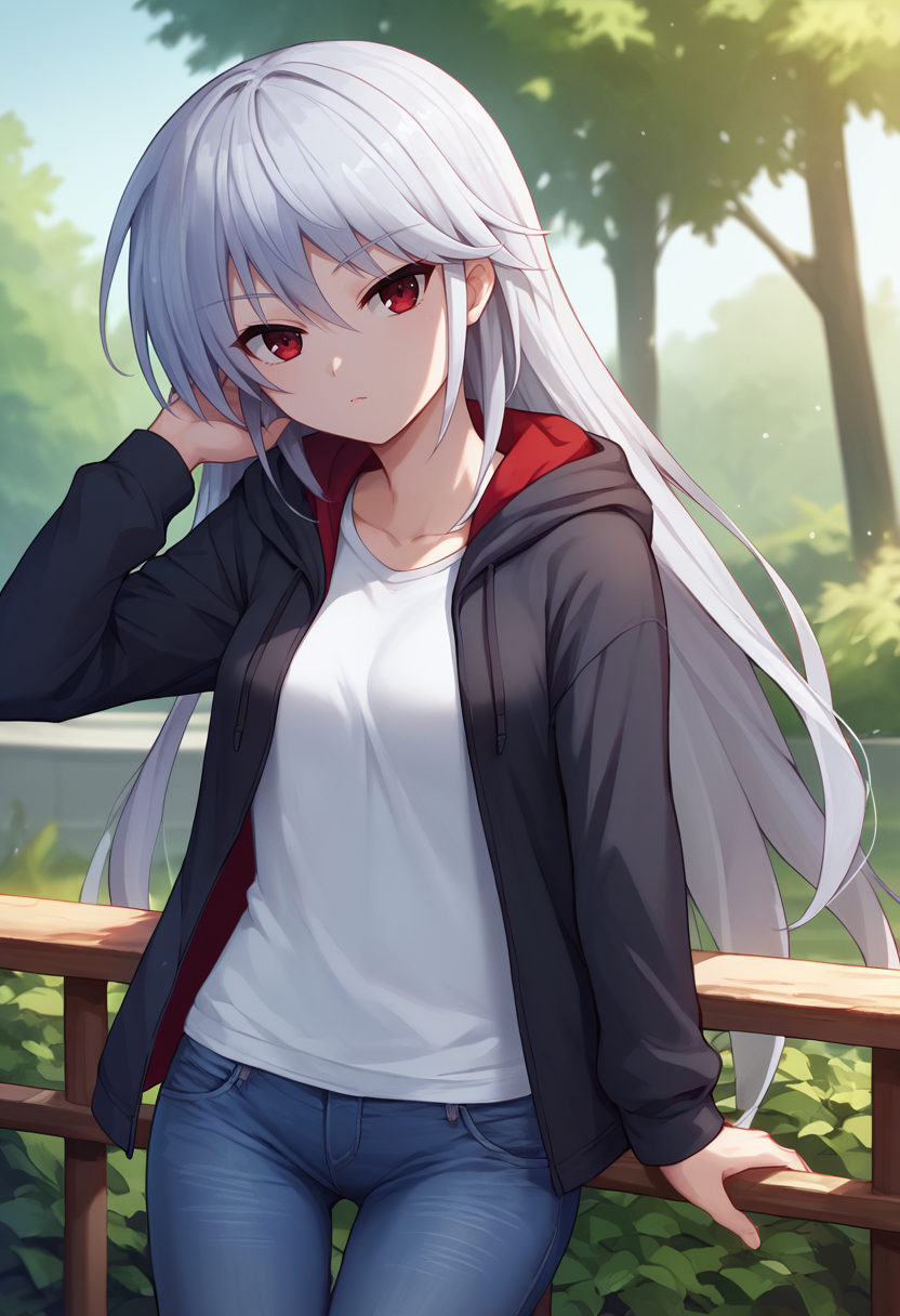 score_9, score_7_up, 1girl, solo,    kzk, silver hair, long hair, red eyes, hoodie, jeans, looking at viewer, outdoors,      <lora:Kazuki FF 5-000008:1>