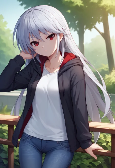 score_9, score_7_up, 1girl, solo, kzk, silver hair, long hair, red eyes, hoodie, jeans, looking at viewer, outdoors, <lora:Kazuki FF 5-000008:1>