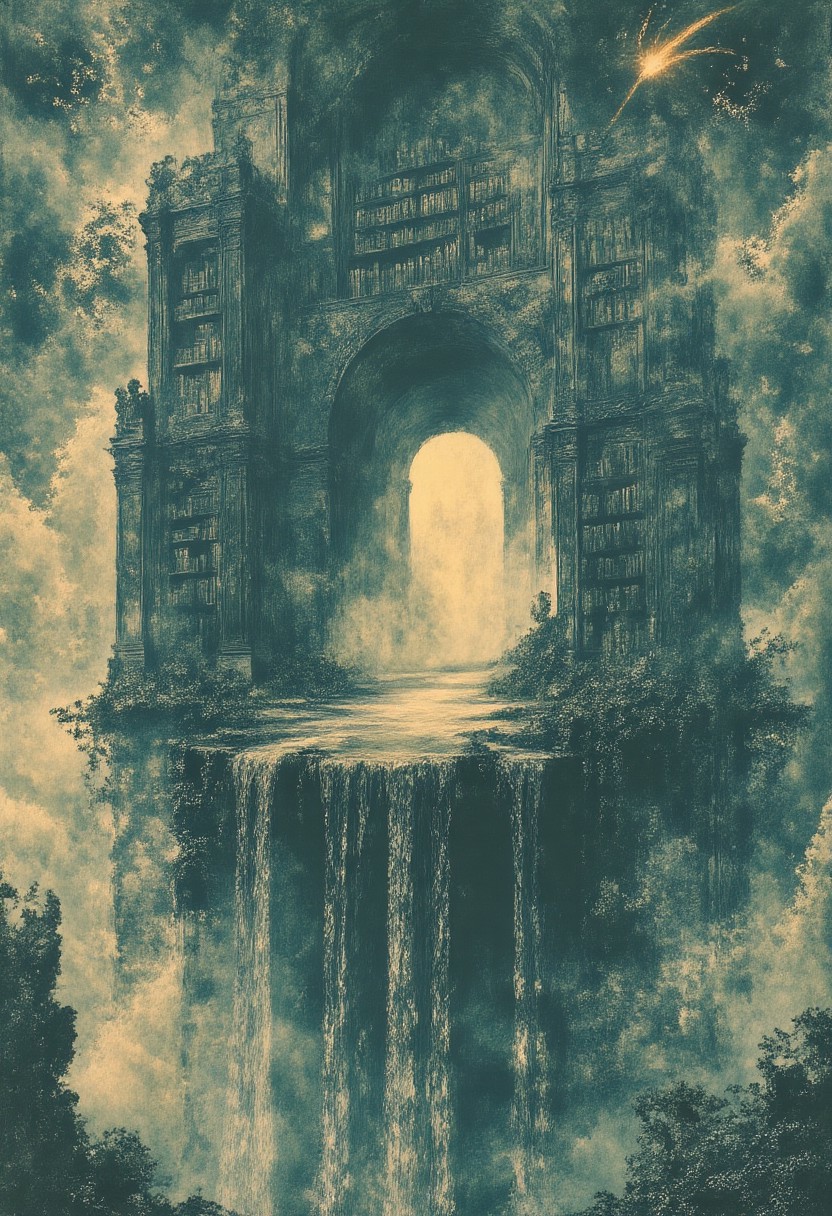 A surreal, dreamlike library floating above the clouds, where ancient oak bookshelves stretch endlessly into the sky. Each shelf is anchored by glowing chains that emerge from the mist below, their links covered in moss and pulsing with faint, magical energy. At the base of the largest bookshelf, an elliptical portal is embedded into the wood, glowing softly. Instead of water, a cascade of glowing, liquid knowledge flows from it, forming a waterfall of shimmering light that disperses into mist, creating a rainbow of colors under the sunlight. The bookshelves are made of weathered rock, their surfaces rugged and covered in intricate carvings. The books themselves are alive, their pages fluttering like leaves in the wind, revealing glimpses of fantastical worlds. Above, the sky is a brilliant blue, dotted with puffy white clouds, while the horizon is streaked with the fiery trail of a dark, blazing comet. The scene is a blend of surreal fantasy and intellectual wonder, where the boundaries between reality and imagination blur. The viewer is drawn into this world of knowledge and magic, where the ethereal and the majestic coexist in perfect harmony.