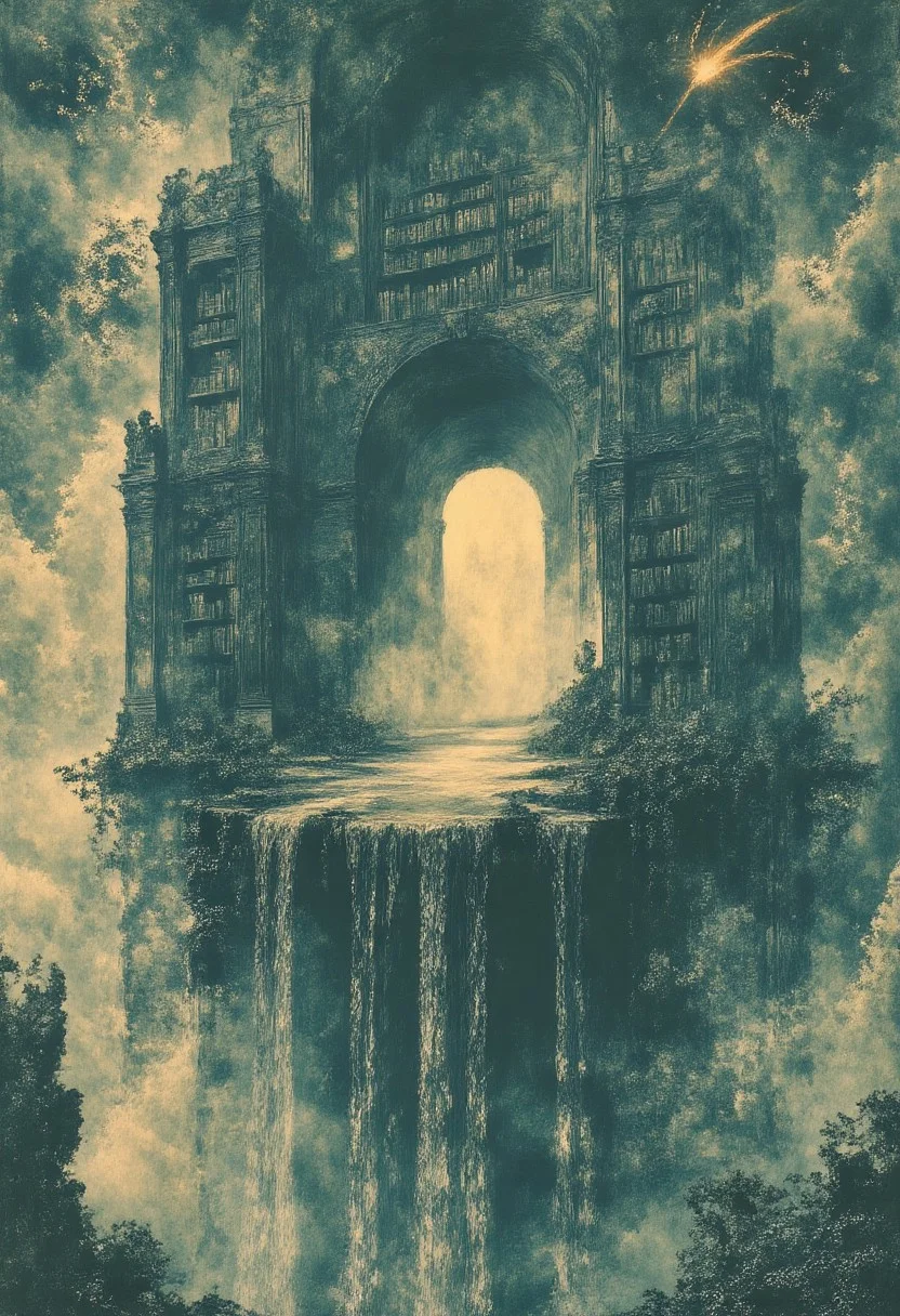 A surreal, dreamlike library floating above the clouds, where ancient oak bookshelves stretch endlessly into the sky. Each shelf is anchored by glowing chains that emerge from the mist below, their links covered in moss and pulsing with faint, magical energy. At the base of the largest bookshelf, an elliptical portal is embedded into the wood, glowing softly. Instead of water, a cascade of glowing, liquid knowledge flows from it, forming a waterfall of shimmering light that disperses into mist, creating a rainbow of colors under the sunlight. The bookshelves are made of weathered rock, their surfaces rugged and covered in intricate carvings. The books themselves are alive, their pages fluttering like leaves in the wind, revealing glimpses of fantastical worlds. Above, the sky is a brilliant blue, dotted with puffy white clouds, while the horizon is streaked with the fiery trail of a dark, blazing comet. The scene is a blend of surreal fantasy and intellectual wonder, where the boundaries between reality and imagination blur. The viewer is drawn into this world of knowledge and magic, where the ethereal and the majestic coexist in perfect harmony.