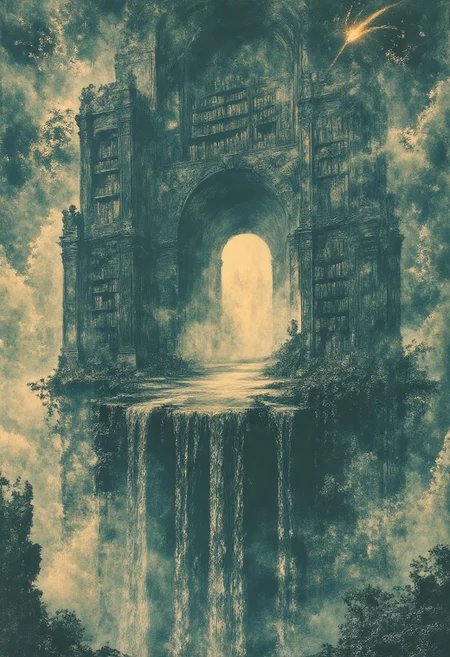 A surreal, dreamlike library floating above the clouds, where ancient oak bookshelves stretch endlessly into the sky. Each shelf is anchored by glowing chains that emerge from the mist below, their links covered in moss and pulsing with faint, magical energy. At the base of the largest bookshelf, an elliptical portal is embedded into the wood, glowing softly. Instead of water, a cascade of glowing, liquid knowledge flows from it, forming a waterfall of shimmering light that disperses into mist, creating a rainbow of colors under the sunlight. The bookshelves are made of weathered rock, their surfaces rugged and covered in intricate carvings. The books themselves are alive, their pages fluttering like leaves in the wind, revealing glimpses of fantastical worlds. Above, the sky is a brilliant blue, dotted with puffy white clouds, while the horizon is streaked with the fiery trail of a dark, blazing comet. The scene is a blend of surreal fantasy and intellectual wonder, where the boundaries between reality and imagination blur. The viewer is drawn into this world of knowledge and magic, where the ethereal and the majestic coexist in perfect harmony.