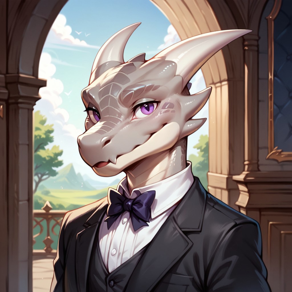 (((detailed, beautiful, high quality))), score_9, score_8_up, score_7_up, solo, 
kobold, furry dragon, tail, short stature,
1boy, male focus, grey skin, purple eyes, black formal costume, 
looking at the viewer,
fantasy background, blurred background,