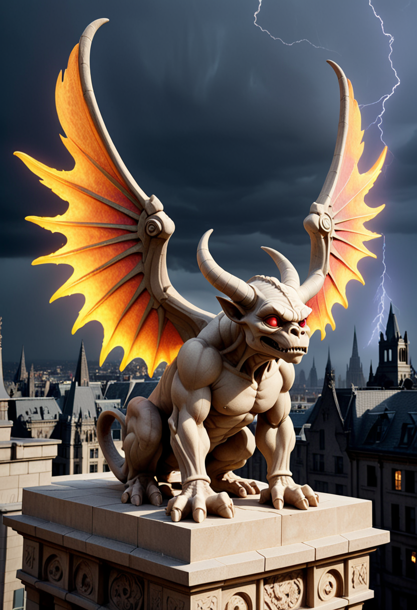 (medium full shot) of (eerie sandstone beige chiseled stone gargoyle) with quadrupedal body, flame-tipped wings, rainbow eyes, long horns, runic engravings armored plates, set in  a grand city rooftop, with majestic spires, glimmering lights, a sense of wonder , during a storm, ,Masterpiece,best quality, raw photo, realistic, very aesthetic