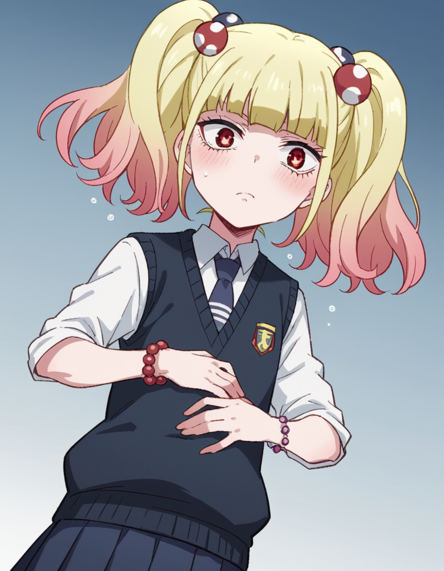 score_9, score_8_up, score_7_up, source_anime, <lora:yuria-niguredou-s1-ponyxl-lora-nochekaiser_r1:1>, yuria niguredou, bangs, blonde hair, hair ornament, red eyes, twintails, pink hair, multicolored hair, gradient hair,, skirt, shirt, jewelry, school uniform, pleated skirt, necktie, bracelet, sweater vest, beads,, snow day, winter clothes, snowball fight, laughter, cold breath, white landscape, , looking at viewer, hand on stomach, blush,, solo,, dutch angle, cowboy shot