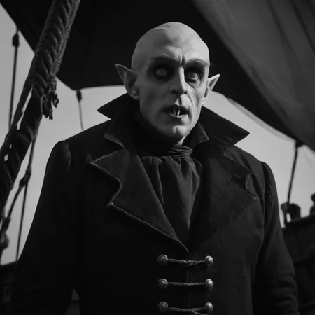 cinematic film still of <lora:Nosferatu:0.8>
Nosferatu a man in a pirate costume standing on a boat,solo,1boy,standing,monochrome,greyscale,male focus,claws , Count Orlok, bald head, white skin, pale skin, vampire, realistic, realism, photorealism, hyperrealism, hyperrealistic, realistic, sharp, detailed, cinematography style, film light style, movie still, professional photography, artistic, perfection, contrast, cinematic, filmic, high quality photo, 8k quality, colorful, photography style, horror style, shallow depth of field, vignette, highly detailed, high budget, bokeh, cinemascope, moody, epic, gorgeous, film grain, grainy