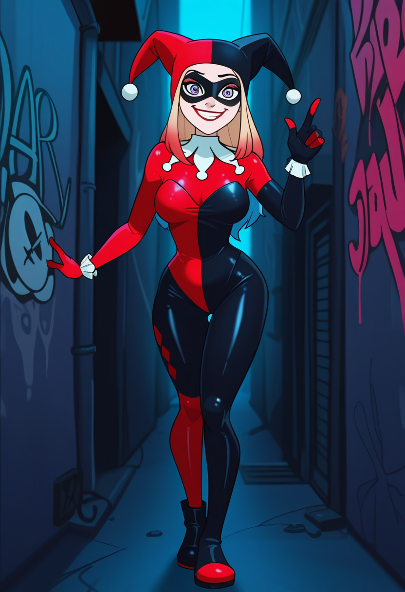 w3st3rnt00n2, harley_quinn harley_quinn_(classic) 1girl black_bodysuit black_hat black_mask blonde_hair blue_background blue_eyes blue_hair bodysuit breasts bright_pupils eye_mask grin hand_up hat jester_cap large_breasts long_hair looking_at_viewer multicolored_hair red_bodysuit red_hair red_hat smile solo two-tone_bodysuit two-tone_headwear white_pupils, alley, graffiti   <lora:Western_Toon_Style_2.1:1>