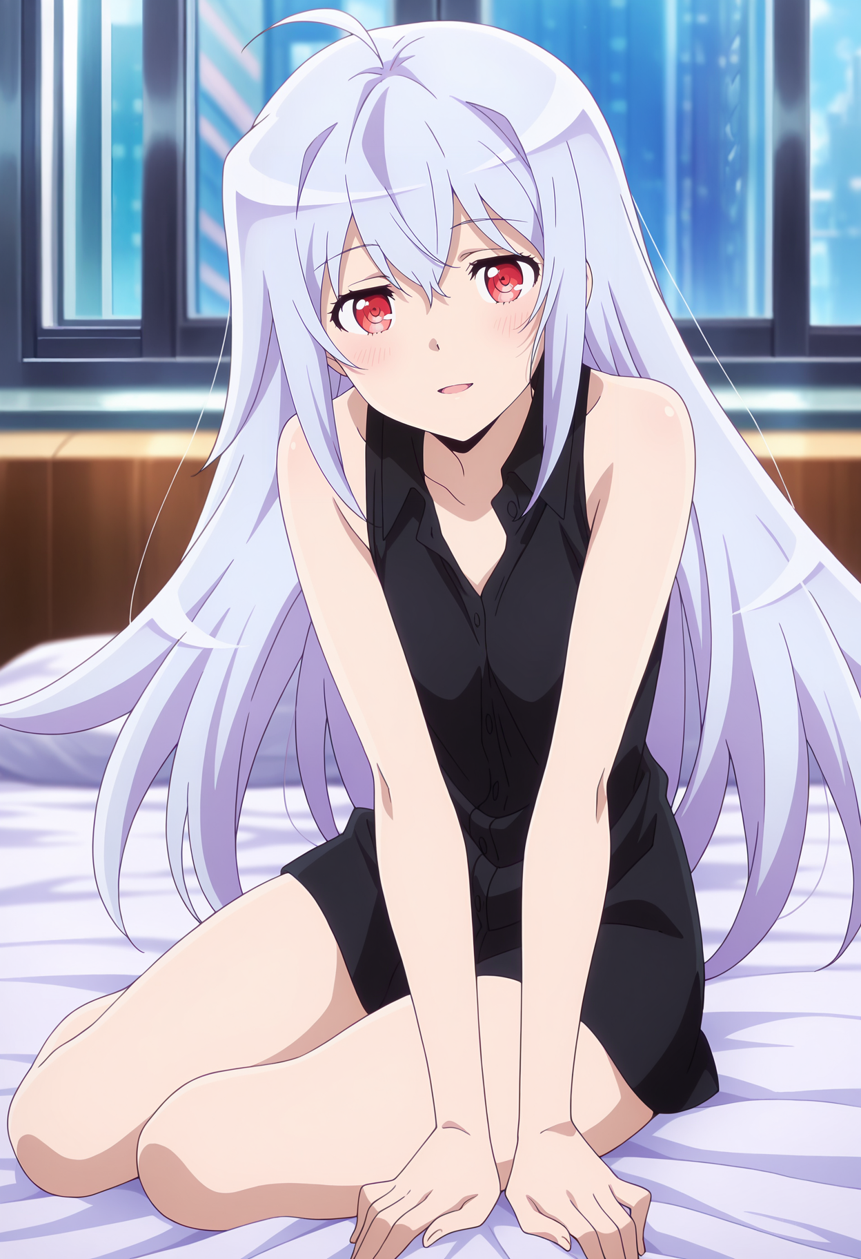 anime screencap, masterpiece, best quality,
<lora:PlasticMemories_Isla_IlluXL:0.9>,
1girl, solo, open mouth, light smile, blush,
ahoge, long hair, grey hair, red eyes,
bare shoulders, sleeveless shirt, black shirt, open collar,
yokozuwari, looking at viewer, cowboy shot,
science fiction, on bed, window, blurry background