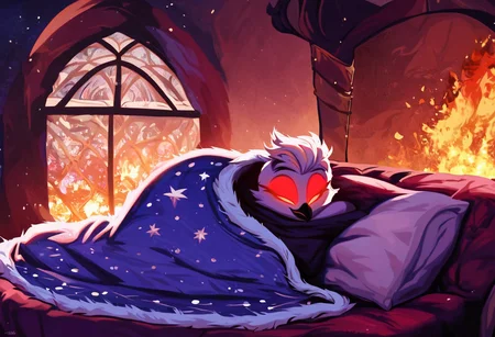 score_9_up,score_8_up,score_7_up,cozy,sprawling fantasy town beyond the end of reality, solo, masterpiece,high detail, high resolution, high quality, best quality, perfect face, perfect eyes, red glowing eyes, anthropomorphic owl demon,tall and slender, with a white heart-shaped facial disk, small black beak,StlsGtia_Dskfll, Stolas laying on sofa, wrapped in cozy blanket, warm fireplace in background, fire embers, galaxy view in window,blanket,comfyblanket,HazbinStyle,cartoon character, detailed shadows,cozy lighting,atmosphere