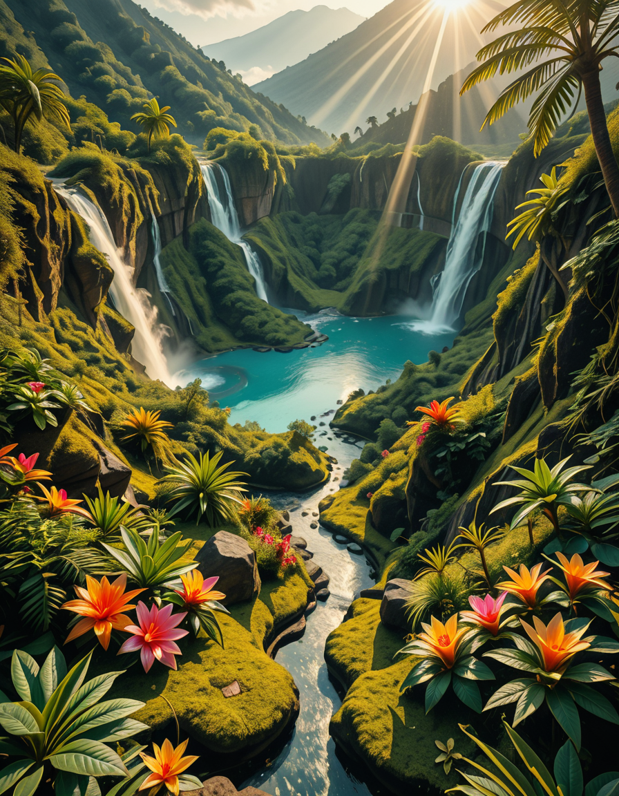 A breathtaking view of an ancient, dormant volcano now transformed into a lush, vibrant natural sanctuary. The crater is filled with dense tropical forests, colorful exotic flowers, cascading waterfalls, and mist swirling gently in the morning light. Vines and moss cover the dark volcanic rocks, and small streams wind down the slopes. while rays of sunlight pierce through the dense canopy, creating sparkling reflections on the water. The atmosphere feels peaceful, enchanted, and untouched by humans. The scene is depicted in an ultra-detailed, hyper-realistic style, with warm, soft lighting and rich, saturated colors that enhance the magical and serene mood of the landscape.
<lora:SDXLFaeTastic2400:0.4> <lora:extremely_detailed:0.4> extremely detailed,dormant v0lc4n0, <lora:dormant_v0lc4n0-i:1>, Masterpiece,best quality,hi res,8k,hi res,8k,award winning,(sharp focus, intricate, highly detailed),