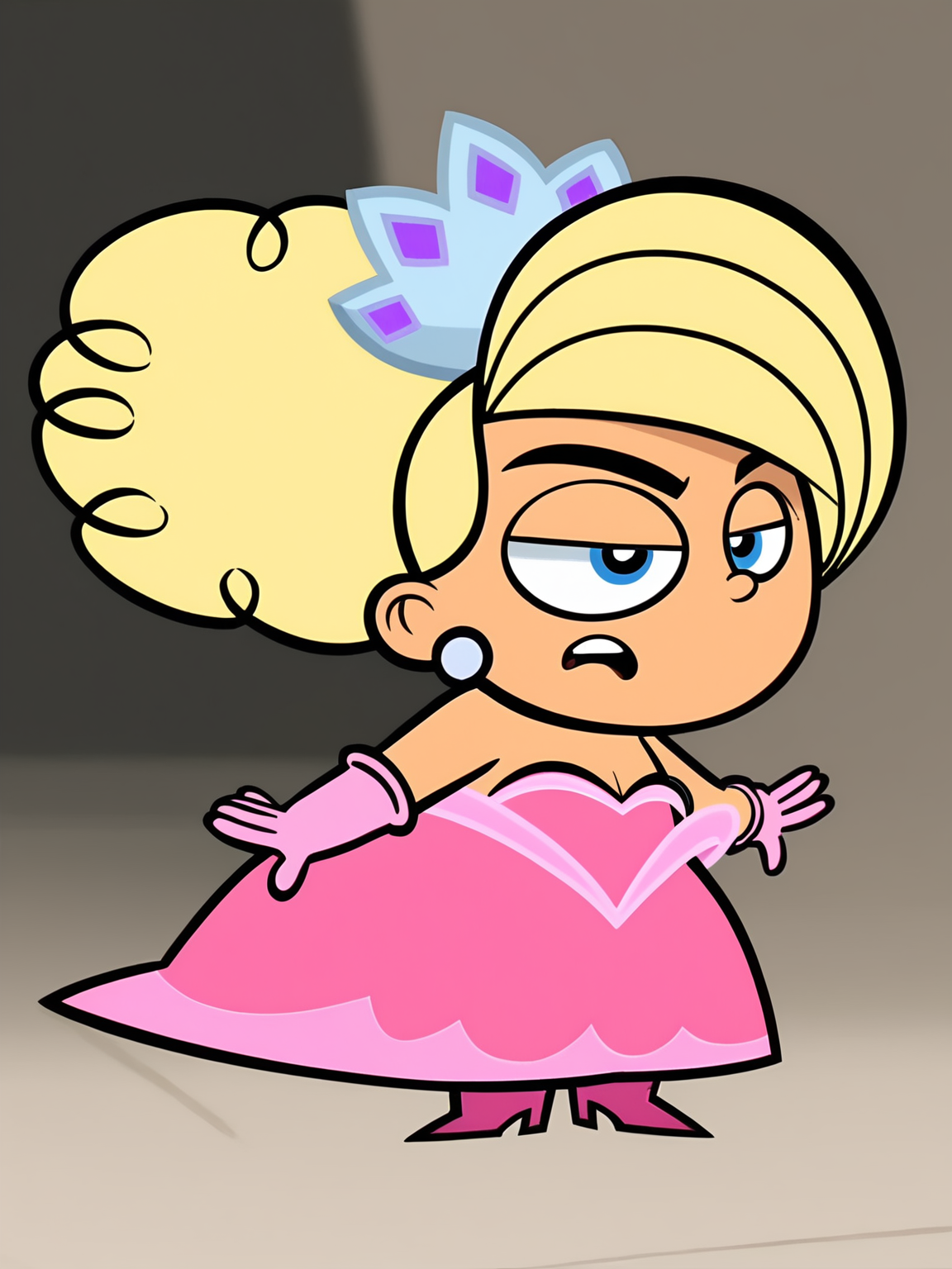 <lora:Brianna_Buttowski:1.0>  1girl, brianna_buttowski, blonde hair, earrings, jewelry, blue eyes, pink dress, gloves, full body,, score_9, score_8_up, score_7_up,